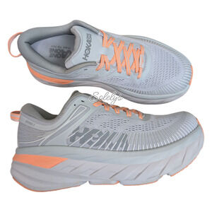 HOKA ONE ONE Bondi 7 Womens 6.5B Harbor Mist Sharkskin Grey Orange Run Sneaker